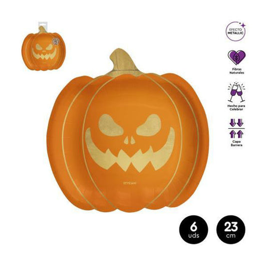 PLATO LLANO CALABAZA 23X23CM CARTÓN 6U. HALLOWEEN