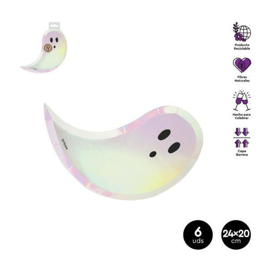 PLATO LLANO FANTASMA 24X20CM CARTÓN 6U. HALLOWEEN IRIDISCENTE
