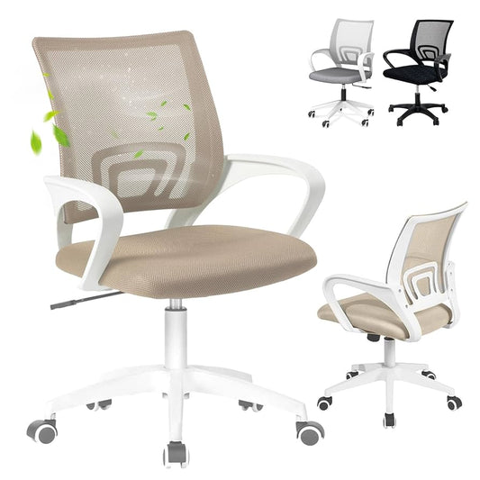EveryKip® Silla Escritorio Ergonomica Ajustable con Apoyo Lumbar Beige| Ruedas Anti-Arañazos 360° | Sillas Oficina Ejecutiva Transpirable | Cadeira Ergonómica Office