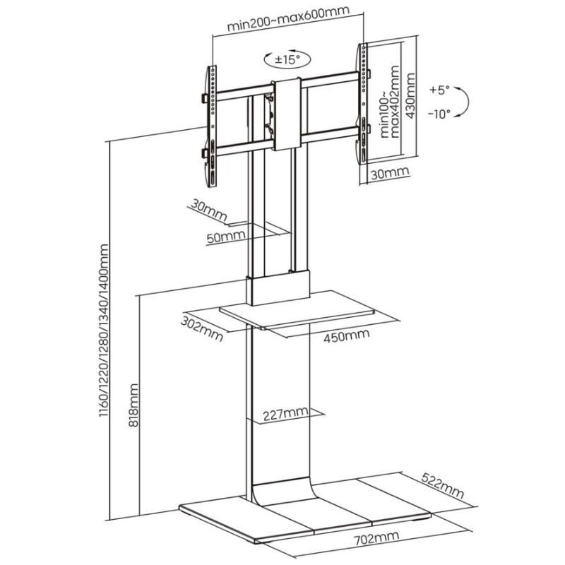 Soporte de Suelo Inclinable/ Giratorio con Bandeja DVD Aisens FT86TSE-401 para TV de 37-86"/ hasta 50kg
