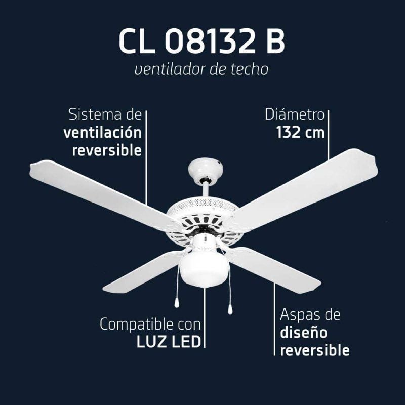 Ventilador de Techo Orbegozo CL 08132 B/ 60W/ 4 Aspas 132cm/ 3 velocidades
