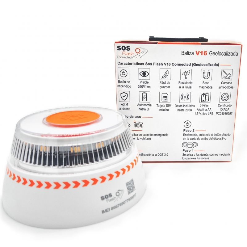 Luz baliza de emergencia para coche SOS Flash V16 Connected IoT BAL/2/ Homologada/ Base Imantada/ Geolocalizable/ Funciona a Pilas