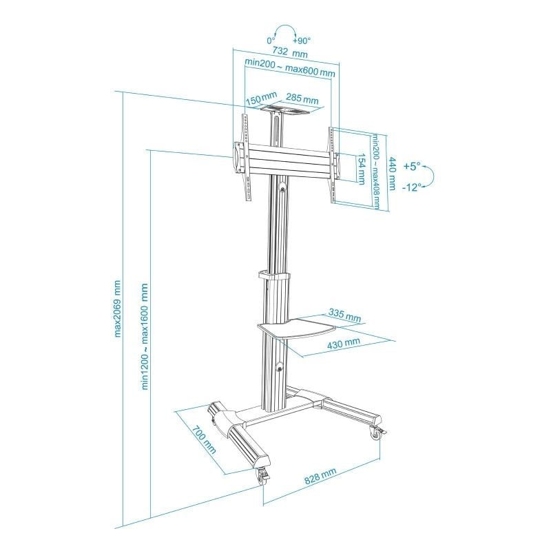 Soporte de Suelo Inclinable/ Ajustable con Ruedas TooQ FS1870M-B para TV de 37-70"/ hasta 50kg