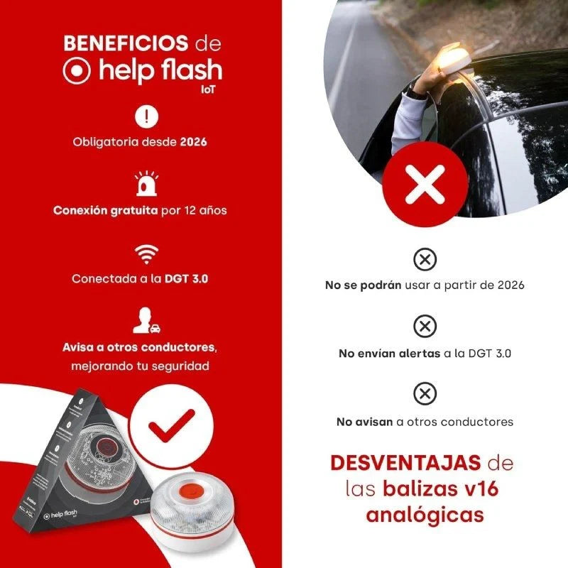 Luz baliza de emergencia para coche Help Flash V16 Connected IoT/ Homologada/ Base Imantada/ Geolocalizable/ Funciona a Pilas