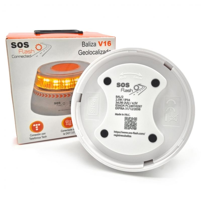 Luz baliza de emergencia para coche SOS Flash V16 Connected IoT BAL/2/ Homologada/ Base Imantada/ Geolocalizable/ Funciona a Pilas