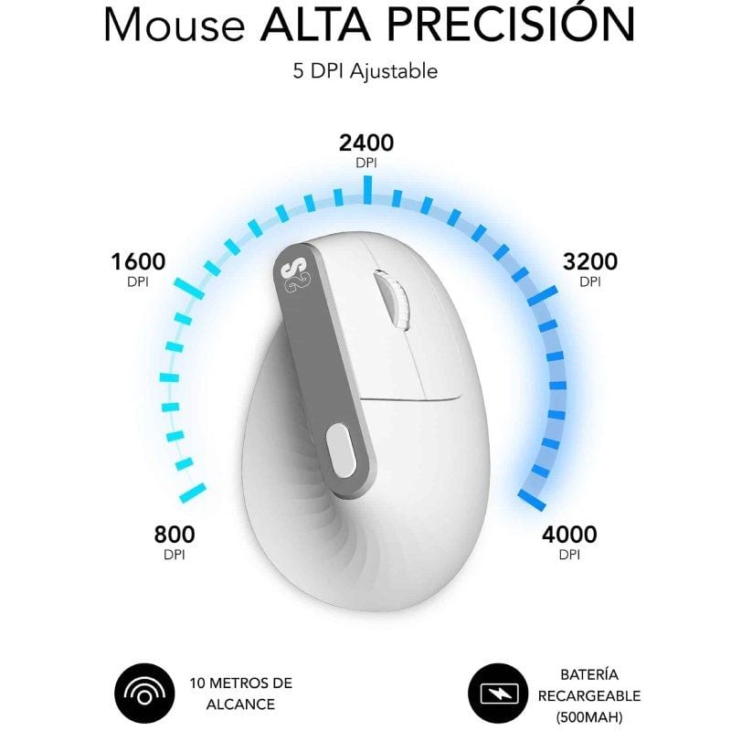 Ratón Vertical Inalámbrico por Bluetooth/ 2.4GHz Subblim Nature Vertical Ergo Dual Battery/ Batería Recargable/ Hasta 4000 DPI/ Blanco